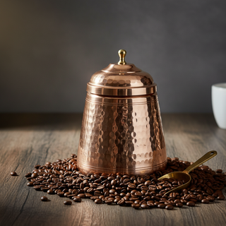 Copper container with lid on coffee beans on a wooden surface
