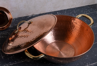 Elegant Hand-Hammered Copper Stew Pot with Lid, Traditional Pan for Serving & Cooking with Brass Handles