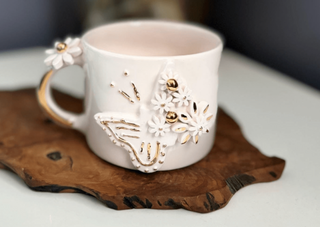 Handmade Ceramic Mug With Real Gold-Plated Butterfly & Floral Design