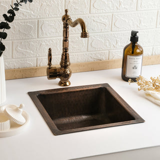 Dark Copper Square Kitchen Vessel Sink – Handmade Hammered Farmhouse Sink with Drain Cap - Alfiq's Store