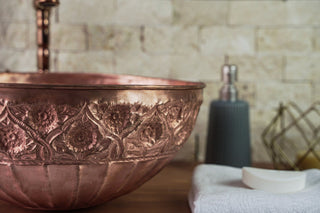 Engraved Copper Vanity Vessel Sink with Floral Design – Handmade Bathroom & Kitchen Bowl - Alfiq's Store