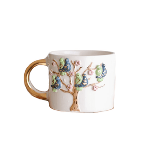 Handcrafted Ceramic Mug with Bird and Tree Design – Unique Artistic Coffee Cup - Alfiq's Store