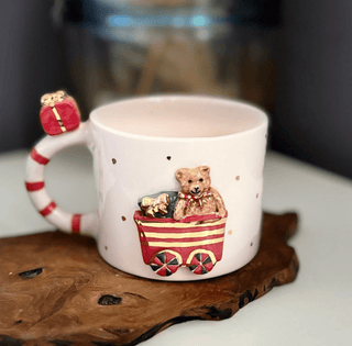 Handcrafted Christmas Bear Ceramic Mug With Real Gold Detailing & Gift Wagon Design - Alfiq's Store