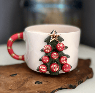 Handcrafted Christmas Tree Ceramic Mug With Real Gold Detailing & Festive Ornaments - Alfiq's Store