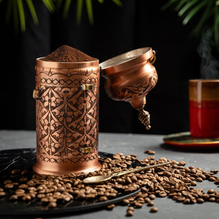 Handcrafted Copper Coffee And Spice Jar with Brass Spoon – Ornate Engraved Design - Alfiq's Store