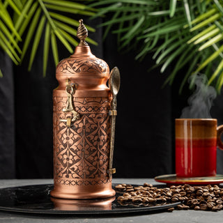 Handcrafted Copper Coffee And Spice Jar with Brass Spoon – Ornate Engraved Design - Alfiq's Store