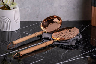 Handcrafted Copper Perforated Skimmer with Wooden Handle – Premium Kitchen Strainer & Cooking Utensil - Alfiq's Store