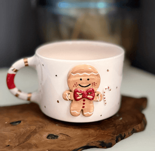 Handcrafted Gingerbread Man Ceramic Mug With Gold Detailing & Festive Design - Alfiq's Store