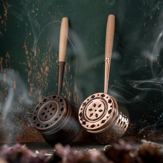 Handcrafted Hammered Copper Incense Burner – Dark Copper with Wooden Handle - Alfiq's Store
