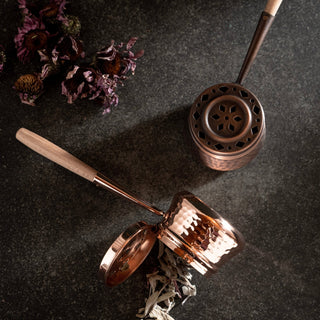 Handcrafted Hammered Copper Incense Burner – Dark Copper with Wooden Handle - Alfiq's Store