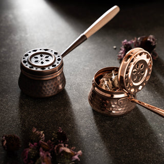 Handcrafted Hammered Copper Incense Burner – Dark Copper with Wooden Handle - Alfiq's Store