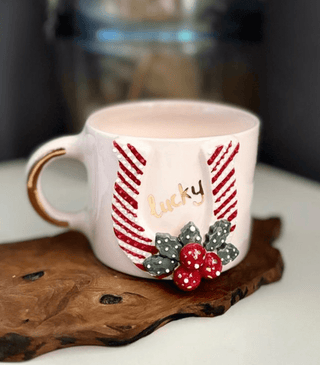 Handcrafted Lucky Horseshoe Ceramic Mug With Gold Detailing & Festive Design - Alfiq's Store