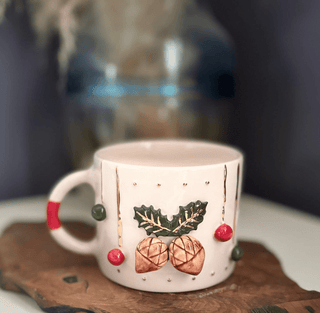 Handcrafted Pinecone & Holly Ceramic Mug With Gold Detailing - Alfiq's Store