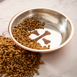 Handcrafted Small Copper Pet Bowl with Bone Motif – Hammered Finish - Alfiq's Store