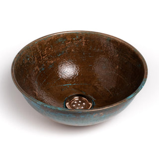 Handcrafted Verdigris Copper Sink – Hammered Green Patina Basin with Copper Drain Cap - Alfiq's Store