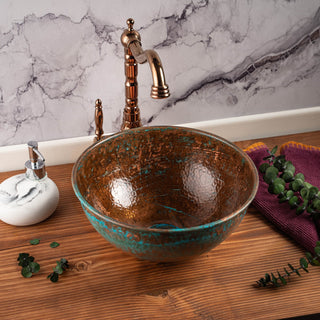 Handcrafted Verdigris Copper Sink – Hammered Green Patina Basin with Copper Drain Cap - Alfiq's Store