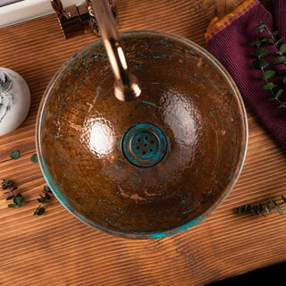 Handcrafted Verdigris Copper Sink – Hammered Green Patina Basin with Copper Drain Cap - Alfiq's Store