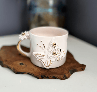 Handmade Ceramic Mug With Real Gold - Plated Butterfly & Floral Design - Alfiq's Store