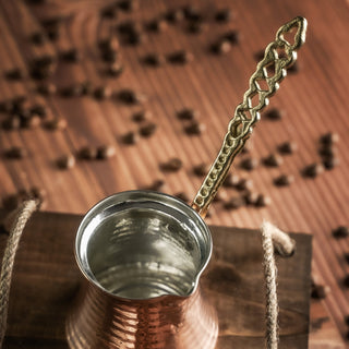 Handmade Copper Turkish Coffee Pot – Hammered Copper Cezve with Ornate Brass Handle - Alfiq's Store