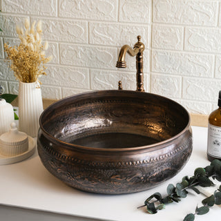 Handmade Engraved Matte Copper Vessel Sink – Farmhouse Vanity Washbasin with Drain Cap