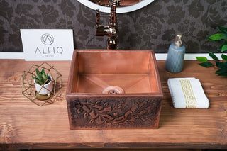 Handmade Embossed Copper Bathroom Sink – Rectangular Vessel, 12" x 8" x 6" - Alfiq's Store