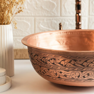 Handmade Engraved Matte Copper Vessel Sink – Farmhouse Vanity Washbasin with Drain Cap - Alfiq's Store