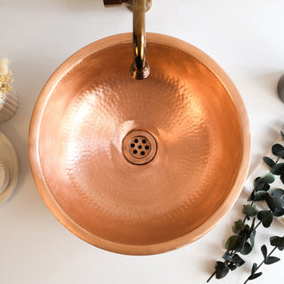 Handmade Engraved Matte Copper Vessel Sink – Farmhouse Vanity Washbasin with Drain Cap - Alfiq's Store