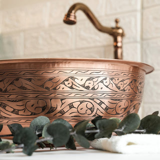 Handmade Engraved Matte Copper Vessel Sink – Farmhouse Vanity Washbasin with Drain Cap - Alfiq's Store