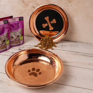 Handmade Hammered Copper Dog Bowl – Luxury Pet Dish with Engraved Bone Print Design - Alfiq's Store