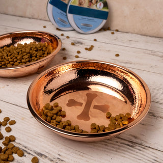 Handmade Hammered Copper Dog Bowl – Luxury Pet Dish with Engraved Bone Print Design - Alfiq's Store