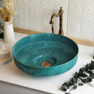 Handmade Hammered Copper Green Verdigris Patina Sink – Round Vessel Bathroom or Kitchen Basin - Alfiq's Store