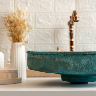 Handmade Hammered Copper Green Verdigris Patina Sink – Round Vessel Bathroom or Kitchen Basin - Alfiq's Store