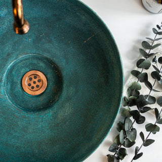 Handmade Hammered Copper Green Verdigris Patina Sink – Round Vessel Bathroom or Kitchen Basin - Alfiq's Store