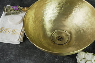 Handmade Matte Solid Brass Bathroom Sink – 16" Hammered Oval Vessel with Drain Cap - Alfiq's Store