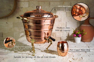 Handmade Copper Beverage Dispenser with Mug Set – 100% Solid Copper, 5L Vessel - Alfiq's Store