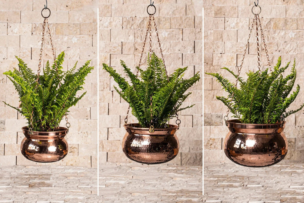hammered copper hanging planter Hammered Solid Copper Hanging Planter Bowl – Unique Housewarming Gift