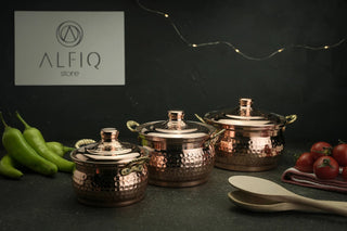 Set of 3 Single - Person Copper Cooking Pots – 850ml Handcrafted Solid Copper Casseroles - Alfiq's Store