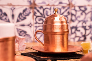 Turkish Copper Coffee Cup Set with Plates & Lids – Handmade 6 - Piece Gift for 2 - Alfiq's Store