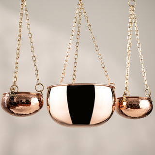 Solid Copper Hanging Planter Set Of 3 With Brass Chains