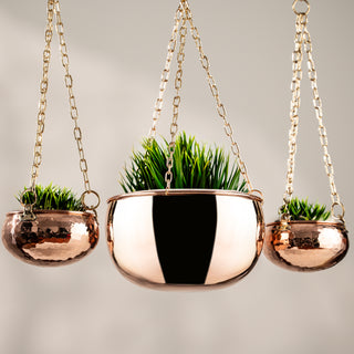 Solid Copper Hanging Planter Set Of 3 With Brass Chains