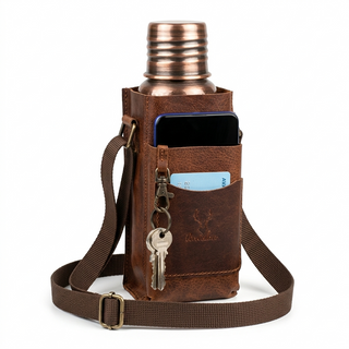 Hammered Copper Water Bottle & Genuine Leather Carrying Bag Set