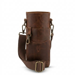 Hammered Copper Water Bottle & Genuine Leather Carrying Bag Set