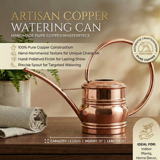 Copper watering can with product details on a wooden surface