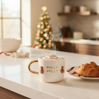 Mug of hot chocolate with steam on a kitchen counter, Christmas tree in the background