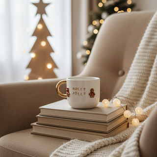 Mug with 'Holly Jolly' text on a stack of books in a cozy living room with Christmas decorations.