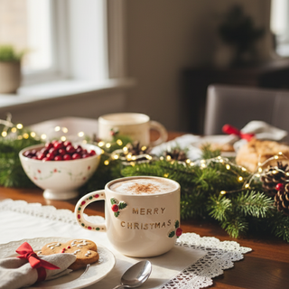 Merry Christmas mug on a table with festive decorations