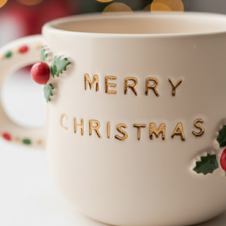 Christmas-themed mug with 'Merry Christmas' text against a blurred festive background