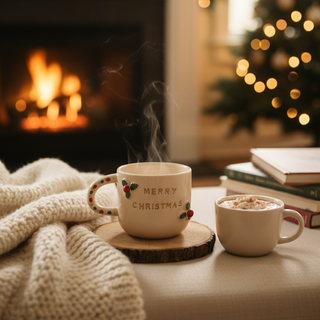 Merry Christmas Ceramic Mug With Holly Detailing & Festive Handle