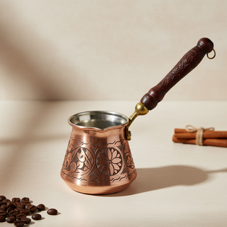 Copper coffee pot with a wooden handle on a beige surface with coffee beans and cinnamon sticks.