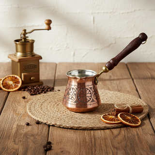 Copper coffee pot with wooden handle on a wooden table with a coffee grinder and dried oranges.